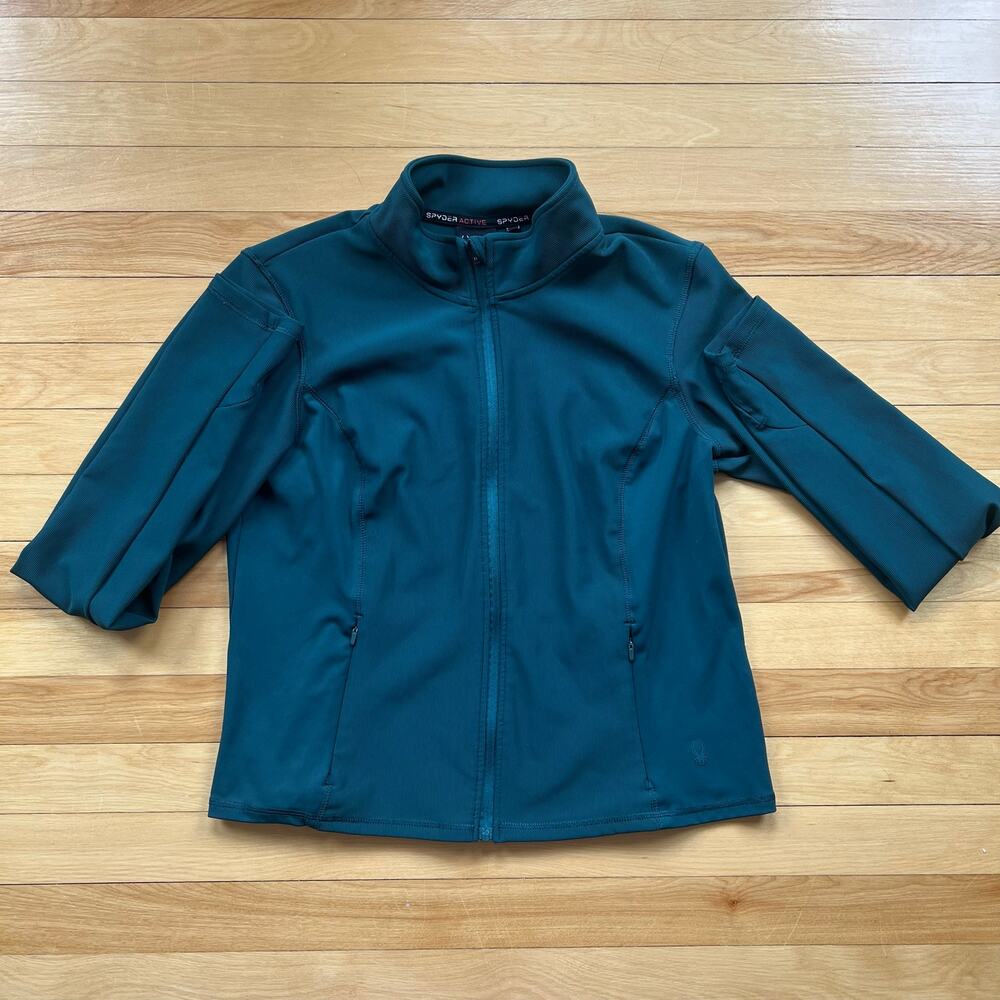 Spyder Active Jacket Womens Large Green Hooded Full Zip Softshell Athletic NWOT
